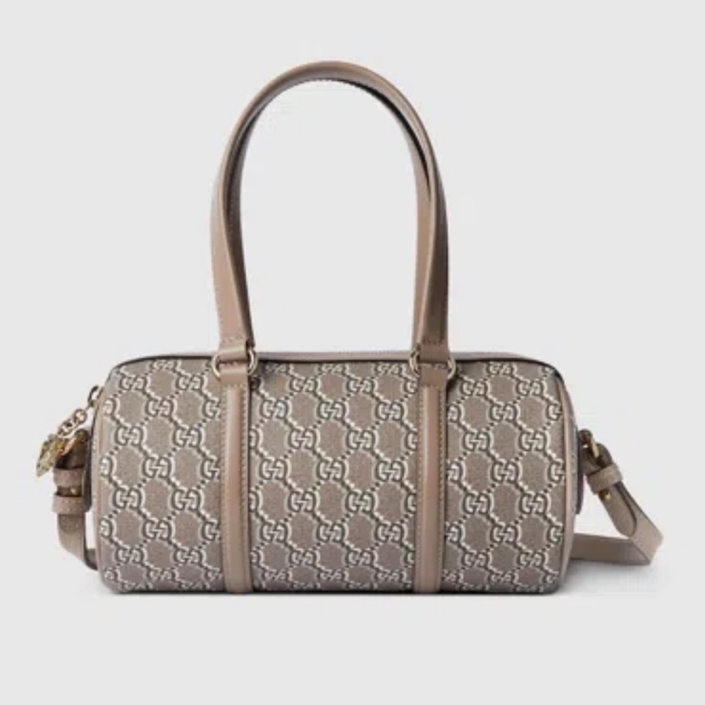 New Gucci Taupe GG monogram Boston Cylinder Barrel Crossbody Bag